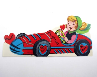 Vintage Children's Valentine Card with Girl Wearing Scarf in Red Sports Car Convertible Auto