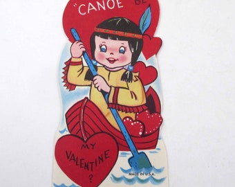 Carte de Saint-Valentin pour enfants vintage avec coiffe de plumes de fille indienne, canoë-bateau