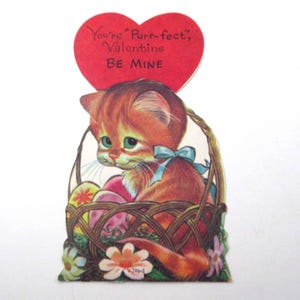 Vintage Children's Valentine Card with Cute Orange Cat or Kitten in Basket Easter Eggs