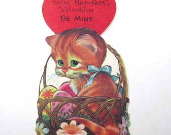 Vintage Children's Valentine Card with Cute Orange Cat or Kitten in Basket Easter Eggs