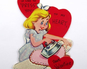 Vintage Unused Glittered Valentine Card with Cute Blonde Girl Ironing Laundry Iron