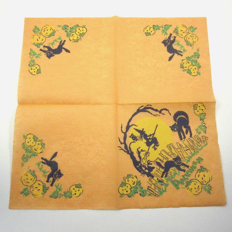 Vintage Halloween Paper Party Napkin with Black Cats Witch on Broom Owl and Jack O Lanterns image 2