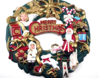 Vintage Plastic Decorated Merry Christmas Wreath Santa Toys Angel