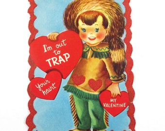 Vintage 1950s Children's Flocked Valentine Card with Boy Hunter Trapper Davy Crockett Coonskin Hat