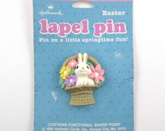 Vintage 1980s Hallmark Easter White Rabbit in Basket with Flowers Lapel Pin or Brooch