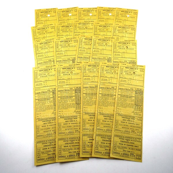 Vintage Louisville & Nashville Railroad Yellow New York Cincinnati Coach Train Tickets Set of 20