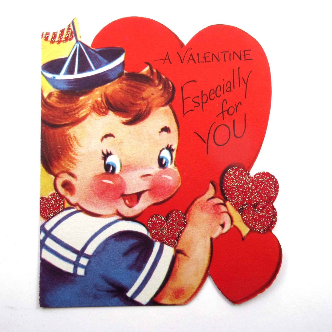 Vintage 1950s Glittered Valentine Greeting Card With Boy in Sailor Suit ...
