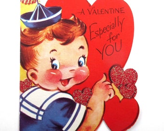 Vintage 1950s Glittered Valentine Greeting Card with Boy in Sailor Suit