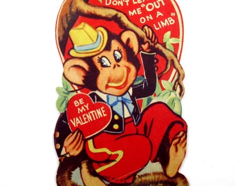 Vintage Children's Valentine Card with Cute Monkey and Tree Limb