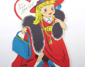 Vintage Children's Valentine Greeting Card with Pretty Girl Playing Dress Up Wearing Fancy Mink Stole Fur Hat Heels Purse