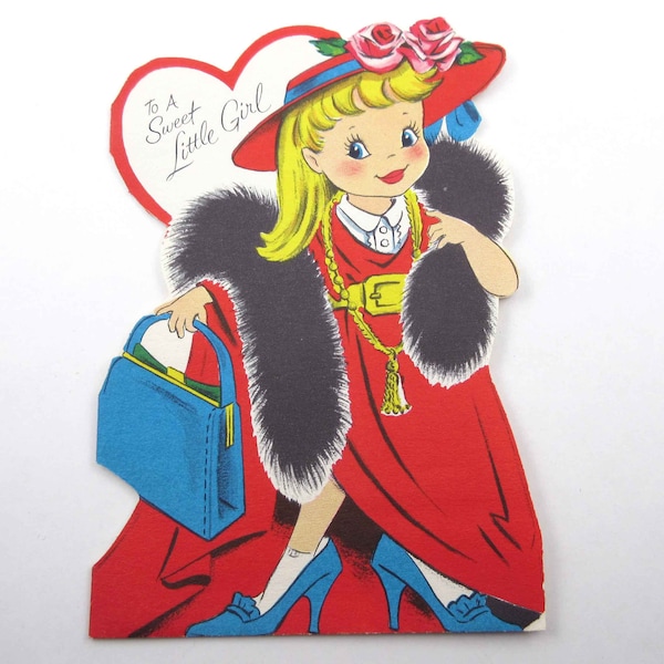 Vintage Children's Valentine Greeting Card with Pretty Girl Playing Dress Up Wearing Fancy Mink Stole Fur Hat Heels Purse