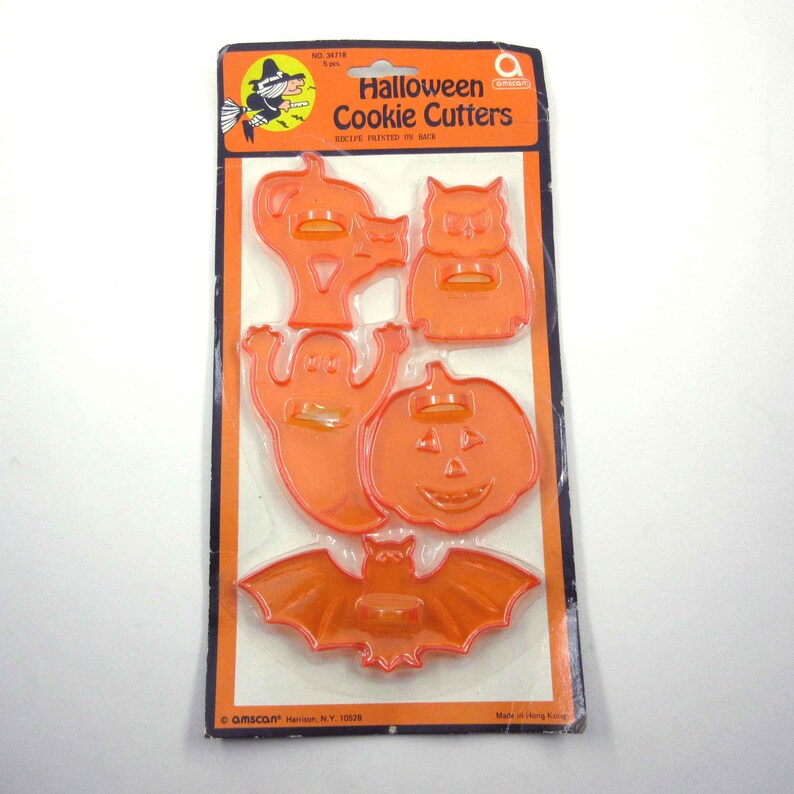 Vintage Unused Orange Plastic Halloween Cookie Cutters in Original Packaging by Amscan Hong Kong