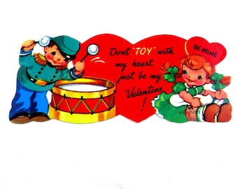 Vintage Unused Children's Valentine Card with Little Drummer Drum and Doll Toys