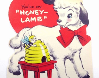 Vintage Children's Valentine Card with Cute Lamb and Bee Beehive Hive