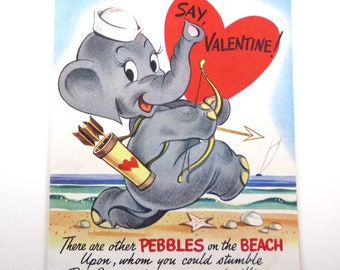 Vintage Children's Mechanical Valentine Greeting Card with Cute Elephant with Bow and Arrow Beach Water Shells