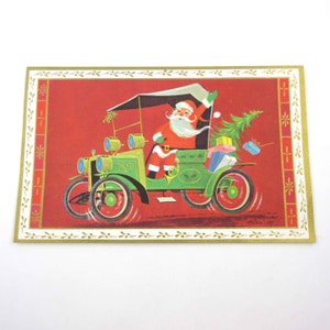 Vintage Unused Mid Century Christmas Card with Santa Claus in an Old Fashioned Green Car with Gifts