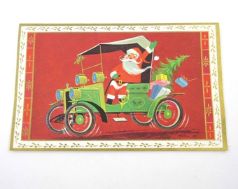 Vintage Unused Mid Century Christmas Card with Santa Claus in an Old Fashioned Green Car with Gifts