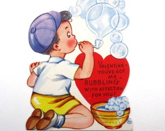 Vintage Children's Valentine Card with Cute Boy Blowing Bubbles