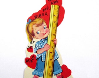 Vintage Children's Valentine Card with Blonde Girl and Ruler