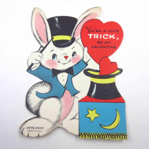 Vintage Children's Novelty Valentine Greeting Card with Magician Rabbit or Bunny Pulling a Heart Out of Top Hat