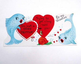 Vintage Unused Children's Valentine Card with Cute Blue Fish Snail Worm Hook in Water