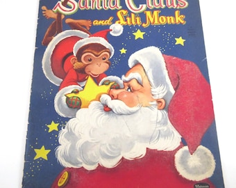 Santa Claus and Lili Monk Vintage 1950s Childrens Flocked Velvet Christmas Book by Whitman