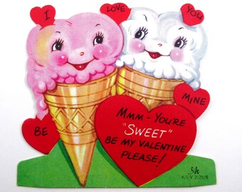 Vintage Valentine Card with Adorable Anthropomorphic Strawberry and Vanilla Ice Cream Cones