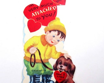 Vintage Unused Children's Valentine Card with Boy and Dog Snow Winter Coat Boots