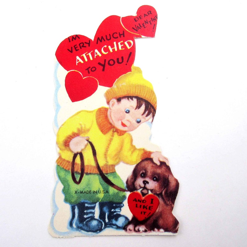 Vintage Unused Children's Valentine Card with Boy and Dog Snow Winter Coat Boots image 1