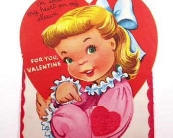 Vintage Children's Flocked Valentine Card with Cute Girl in Pink Dress Blue Bow