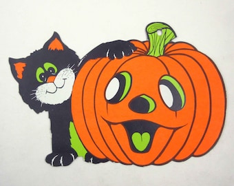 Vintage Neon Orange Halloween Die Cut Decoration with Cute Black Cat and Jack O Lantern