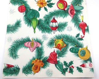 Vintage 1950s Christmas Wrapping Paper or Gift Wrap with Ornaments and Greenery by American Greetings