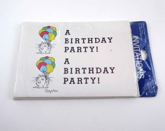 Vintage Birthday Party Invitation Cards with Cute Cat and Balloons by Boynton Set of 8