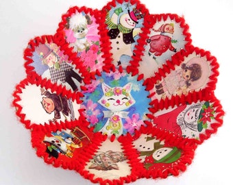 Vintage Christmas Hand Woven Crochet Greeting Card Bowl or Basket Handmade Lot A