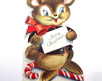 Vintage Unused Christmas Greeting Card with Cute Bear and Candy Cane