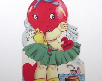 Vintage Mechanical Children's Valentine Card with Adorable Anthropomorphic Apple Girl at Ocean Water Handkerchief