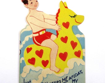 Vintage Children's Valentine Card with Boy on Float in Water Swimming