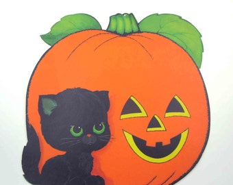 Vintage Halloween Die Cut Decoration with Adorable Black Cat and Grinning Jack O Lantern by Hallmark