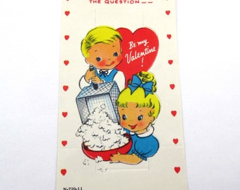 Vintage Unused Valentine Card with Boy and Girl Making Popcorn Popping the Question Food