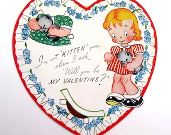 Vintage Unused Valentine Card with Paper Doll Cute Girl  with Kitty Cat Kitten by A-Meri-Card