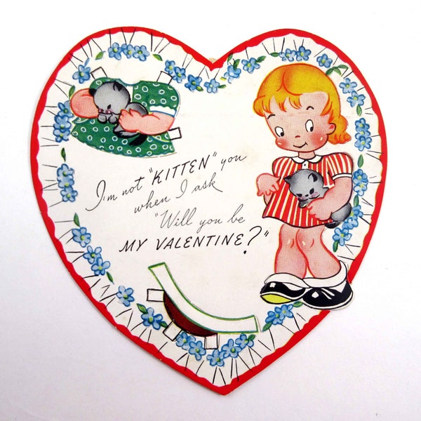 Vintage Unused Valentine Card with Paper Doll Cute Girl  with Kitty Cat Kitten by A-Meri-Card