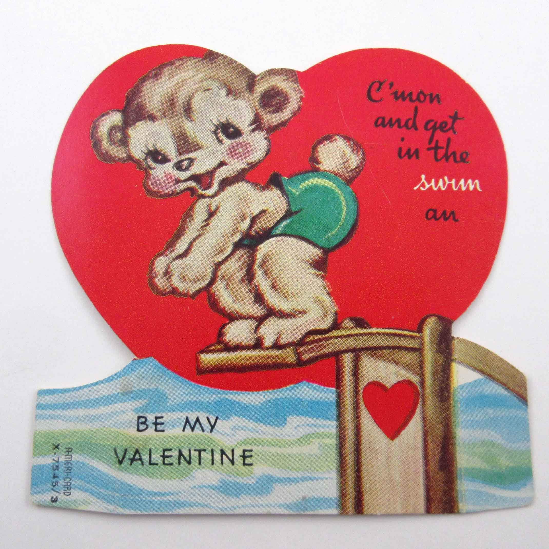 Vintage Unused Valentine Card with Bear Diving into Water Swimming Swim by  A-Meri-Card