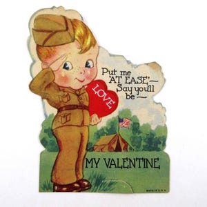 Vintage 1940s Valentine Card Military Army Boy in Brown Uniform WWII WW2 USA