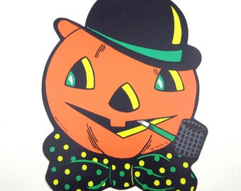 Vintage Grinning Jack o Lantern with Hat and Pipe Halloween Die Cut Decoration by Beistle