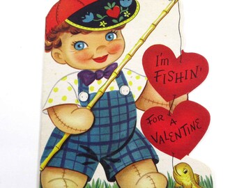 Vintage Unused Children's Valentine Greeting Card with Boy and Fishing Pole by Whitman