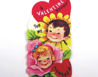 Vintage Children's Valentine Card with Anthropomorphic Girl and Boy Daisy Rose Flowers