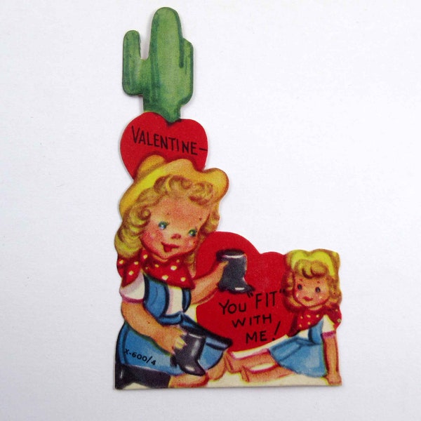 Vintage Unused Children's Valentine Card with Cowgirl Doll Boots and Cactus