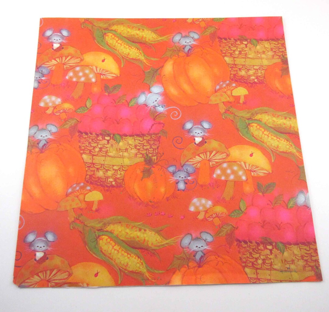 Vintage Orange Wrapping Paper or Gift Wrap With Pumpkins Mushrooms