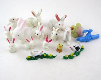 Vintage Plastic Ceramic Miniature Rabbits Chick Hen Duck for Crafting Set of 16