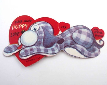 Vintage Unused Valentine Card with Cute Plaid Puppy Dog